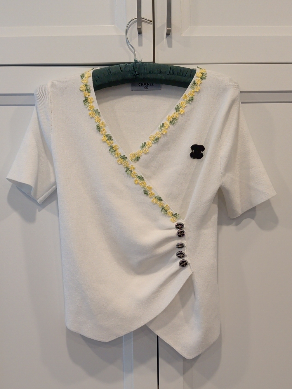 Brand New White Short-Sleeve Floral-Trim Wrap Top